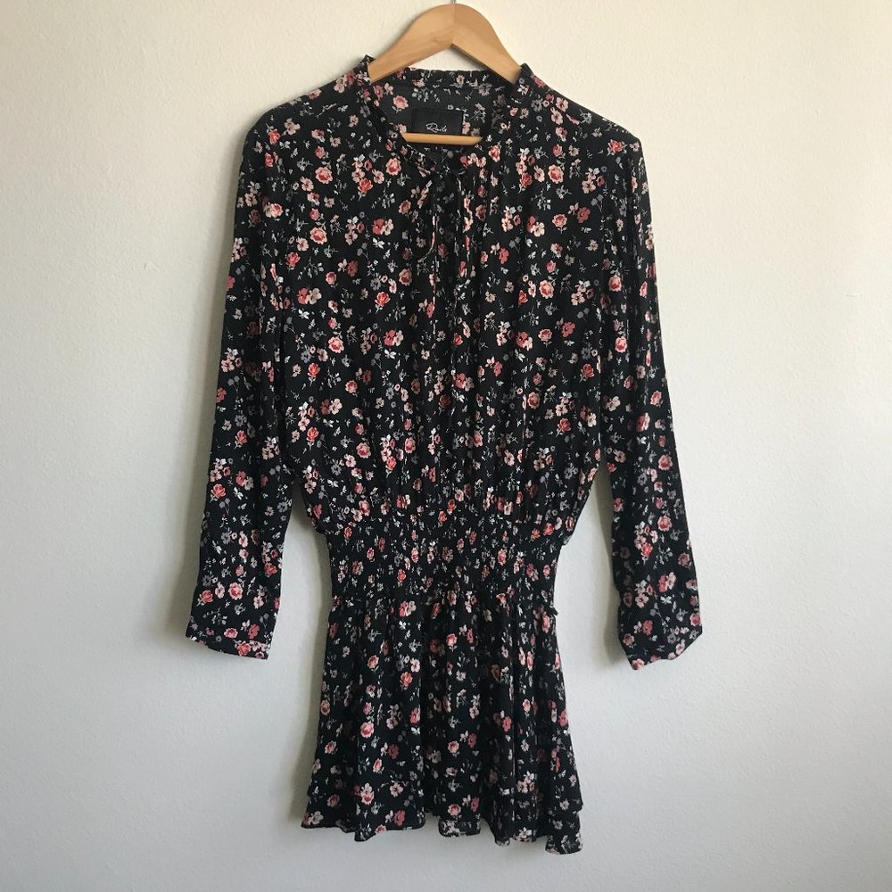 Rails Black Floral 'Romee' Pink Rose Smocked Mini Ruffle Hem Dress Size Small